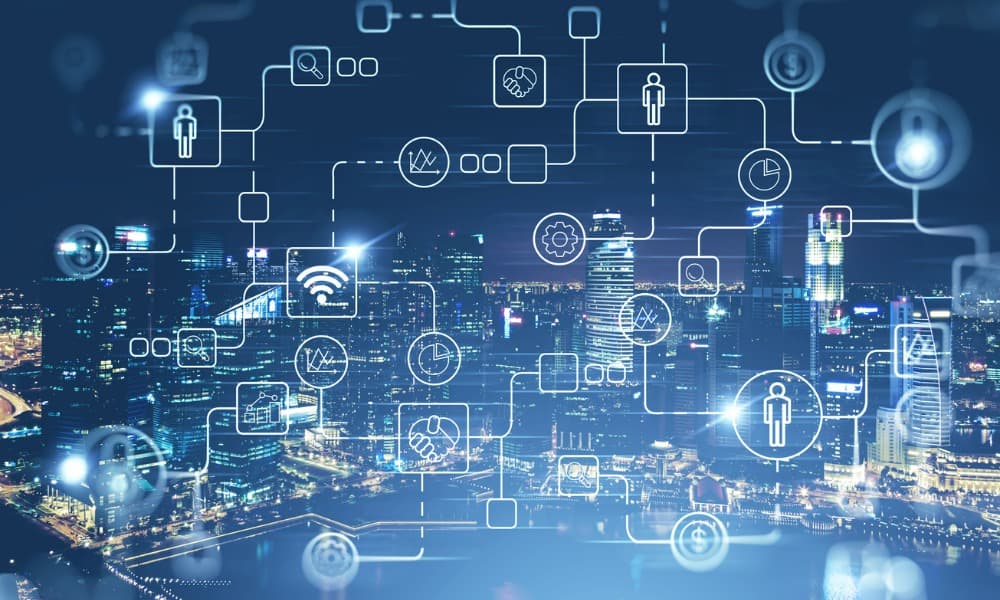 An image depicting a digital business interface with icons.