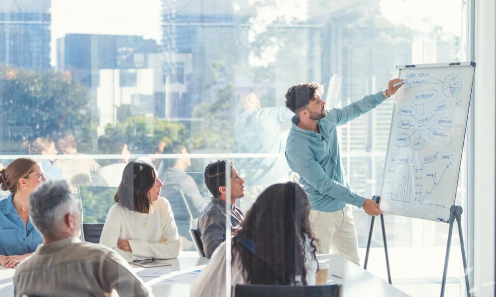 Businesspeople sitting around a conference table watching a trainer write on a whiteboard. 