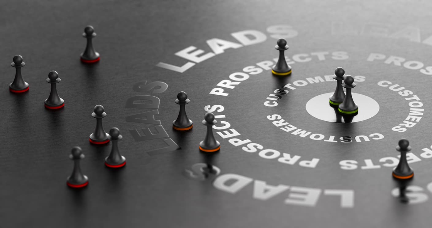 Chess pieces around words related to business, symbolizing how business growth requires strategy
