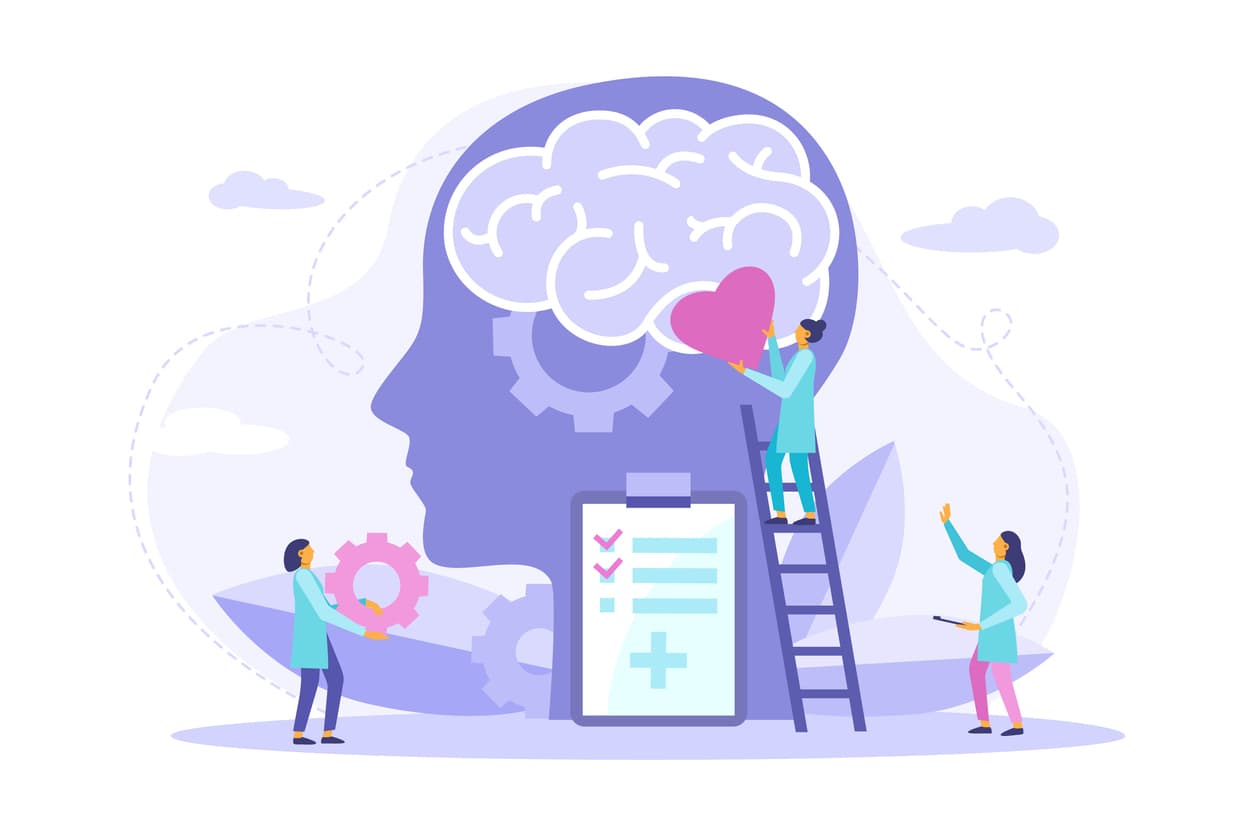 An image of a brain and two people represent sales psychology