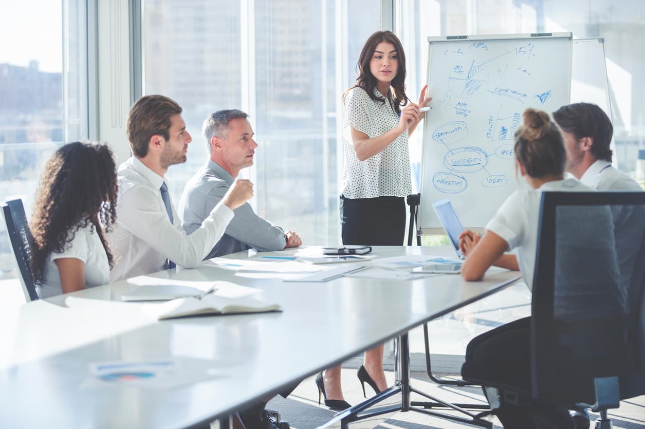 Female sales trainer standing at a board and offering sales training to a sales team of five people seated at a desk